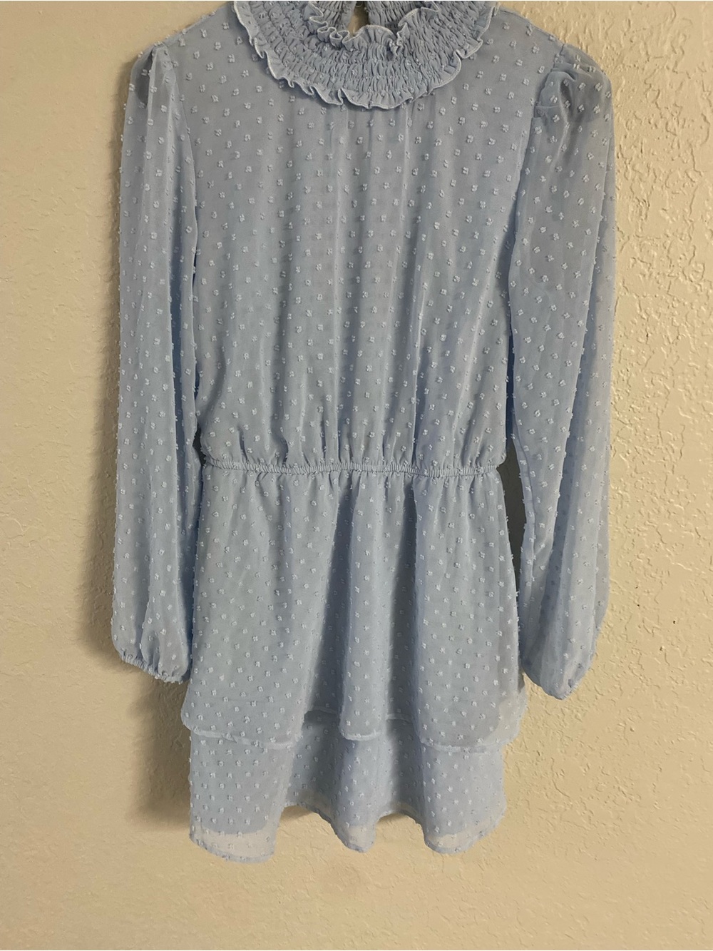 Crystal Doll Light Blue Ruffle Neck Blouse
